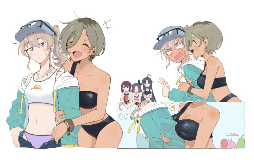 !? +++ 5girls :/ ^_^ ahoge aqua_jacket arm_hug arrow_(symbol) awa_subaru ball bare_arms bare_shoulders baseball_cap beachball beagle bikini bikini_bottom_only bikini_under_clothes black_bikini black_bow black_hair blank_eyes blue_eyes blue_hat blue_one-piece_swimsuit blush bow bracelet breast_press breasts brown_hair closed_eyes closed_mouth commentary crop_top crossed_arms dark-skinned_female dark_skin earrings ebizuka_tomo embarrassed english_commentary english_text eyewear_on_headwear full-face_blush girls_band_cry grey_hair hair_between_eyes hair_bow hand_on_own_hip hat heart highres holding holding_ball hug hug_from_behind iseri_nina jacket jewelry kawaragi_momoka large_breasts le0niigo long_hair looking_at_viewer mole mole_under_eye multicolored_hair multiple_girls multiple_views navel necklace off_shoulder one-piece_swimsuit open_clothes open_fly open_jacket open_mouth pink_bikini ponytail purple_bikini red_eyes red_hair roots_(hair) rupa_(girls_band_cry) sarong short_hair side-tie_bikini_bottom single_strap small_breasts smile spoken_heart spoken_interrobang sunglasses sweat swimsuit twitter_username v-shaped_eyebrows white_background