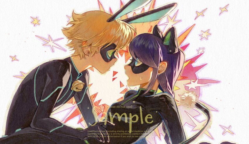 1boy 1girl adrien_agreste animal_ears bell black_bodysuit black_mask blonde_hair blue_eyes blue_hair bodysuit cat_ears cat_girl cat_tail chat_noir green_eyes highres jingle_bell lady_noir looking_at_another marinette_dupain-cheng miraculous_ladybug open_mouth rabbit_boy rabbit_ears superhero_costume tail zazhou8