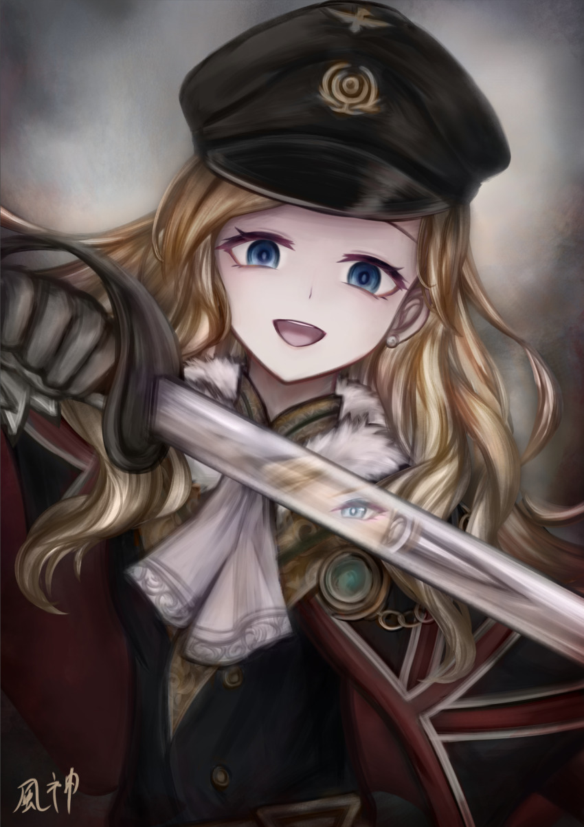 2girls :d ascot azur_lane black_hat blonde_hair blue_dress blue_eyes commentary_request dark_persona dress earrings fuugami gloves gradient_background hat highres holding holding_sword holding_weapon hood_(azur_lane) jewelry military_hat multiple_girls open_mouth reflection reflective_weapon smile sword union_jack_print upper_body weapon white_ascot white_gloves