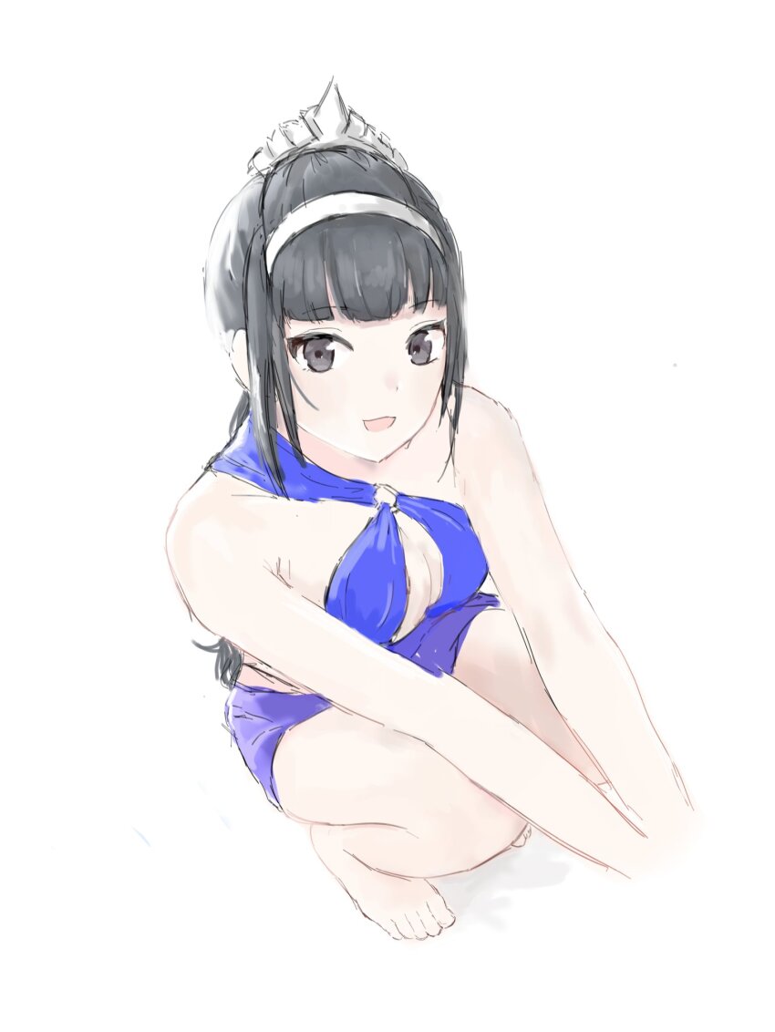 1girl barefoot black_hair breasts cleavage crouching feet female_focus grey_eyes highres looking_at_viewer magadori_kyoshika open_mouth simple_background solo solo_focus swimsuit the_hundred_line_-last_defense_academy- toes white_background