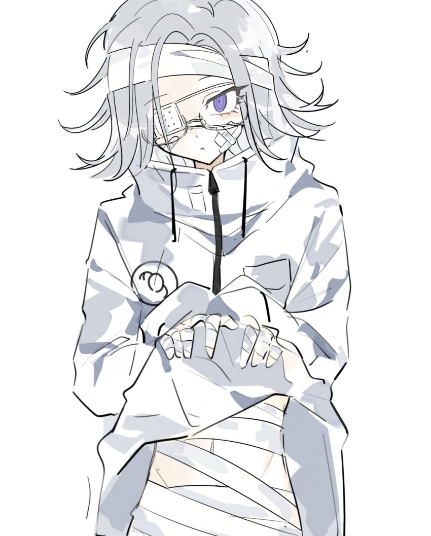 1boy ac_warlock aotsuki_eito bandaged_fingers bandaged_head bandaged_torso bandages bandaid bandaid_on_cheek bandaid_on_face bandaid_on_nose clothes_lift eyepatch gauze gauze_on_cheek glasses grey_hair highres jacket looking_at_viewer male_focus medical_eyepatch navel one_eye_covered short_hair simple_background solo the_hundred_line_-last_defense_academy- upper_body white_background white_jacket