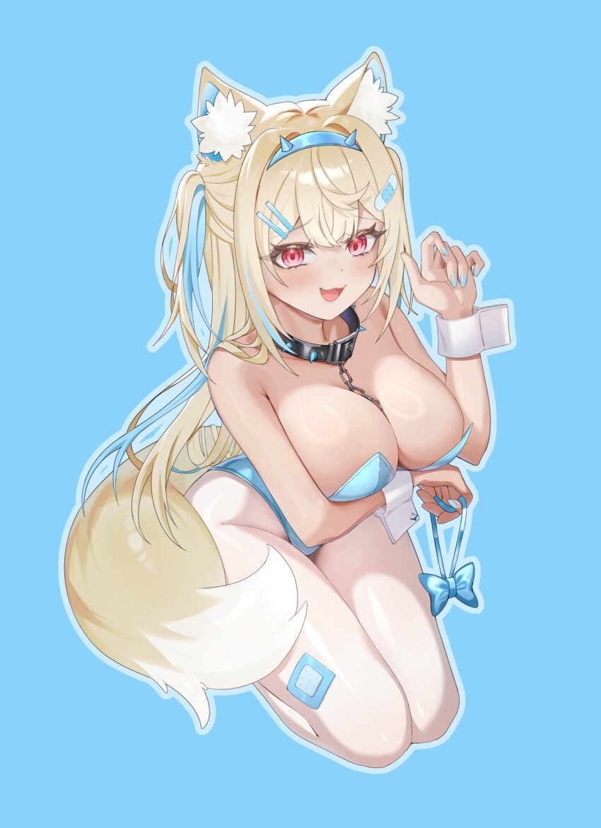1girl absurdres alternate_costume animal_ears bandaid bandaid_hair_ornament between_breasts blonde_hair blue_background blue_hair blue_hairband blue_leotard blue_nails breasts cleavage collar dog_ears dog_girl dog_tail fuwawa_abyssgard hair_ornament hairband hashtag-only_commentary highres hololive hololive_english horn_hairband large_breasts leotard long_hair looking_at_viewer multicolored_hair open_mouth pantyhose pink_eyes simple_background solo spiked_collar spikes streaked_hair tail tjrwnsleo virtual_youtuber white_pantyhose wrist_cuffs