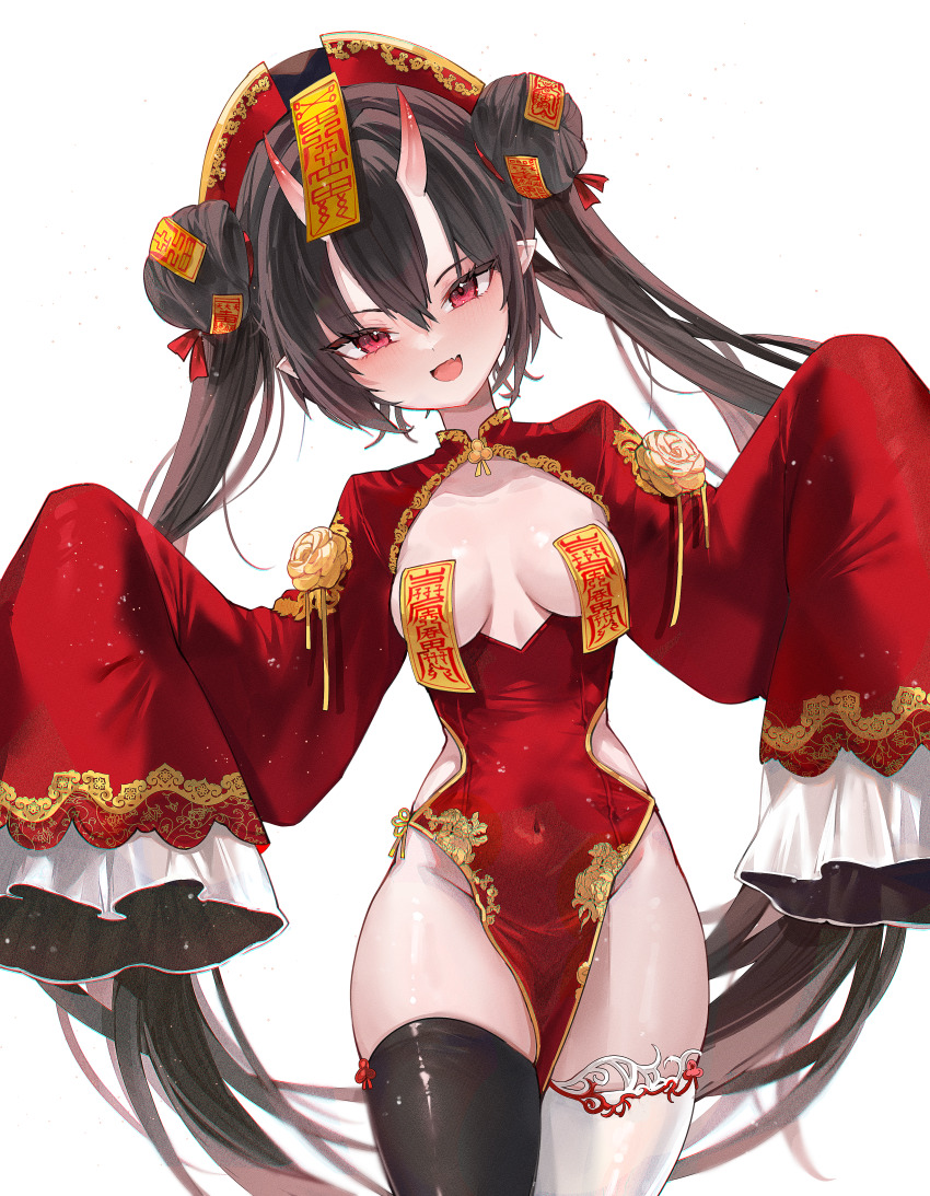 1girl absurdres asymmetrical_legwear black_hair black_thighhighs breasts breasts_apart china_dress chinese_clothes clothing_cutout commission covered_navel cowboy_shot demon_horns double_bun dress fang framed_breasts gold_trim gurami_(zangizarang) hair_between_eyes hair_bun hands_up hat highres horns lantern long_hair long_sleeves looking_at_viewer mismatched_legwear no_bra no_panties ofuda ofuda_on_nipples open_mouth original pasties pelvic_curtain pointy_ears qingdai_guanmao red_dress red_eyes side_cutout sidelocks simple_background skindentation sleeves_past_fingers sleeves_past_wrists small_breasts smile solo standing thighhighs thighs twintails very_long_hair white_background white_thighhighs wide_sleeves