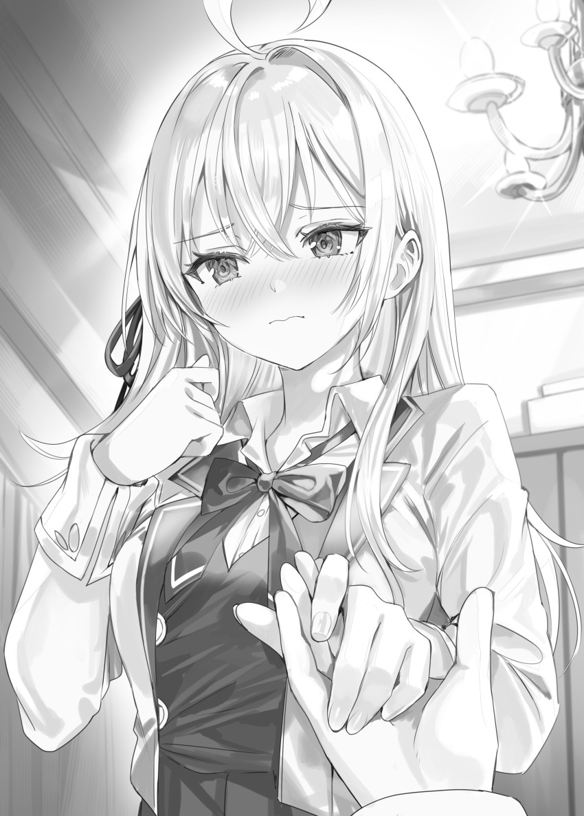 1boy 1girl absurdres ahoge alisa_mikhailovna_kujou averting_eyes blazer blush bow bowtie breasts buttons closed_mouth collared_shirt commentary_request cropped_jacket crossed_bangs double-breasted embarrassed greyscale hair_between_eyes hair_ribbon hand_up highres holding_hands indoors jacket kuze_masachika lapels long_hair long_sleeves looking_to_the_side momoko_(momopoco) monochrome notched_lapels novel_illustration official_art open_clothes open_jacket pov ribbon school_uniform second-party_source seiren_academy_school_uniform shirt solo_focus tokidoki_bosotto_roshia-go_de_dereru_tonari_no_alya-san upper_body wing_collar