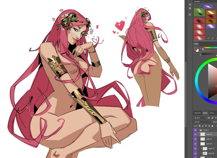 absurdly_long_hair aphrodite_(hades) bracer convenient_censoring gold_armlet hades_(series) hair_censor heart heart-shaped_hair laurel_crown long_hair looking_at_viewer pink_eyebrows pink_eyes pink_hair ronalonzoart very_long_hair