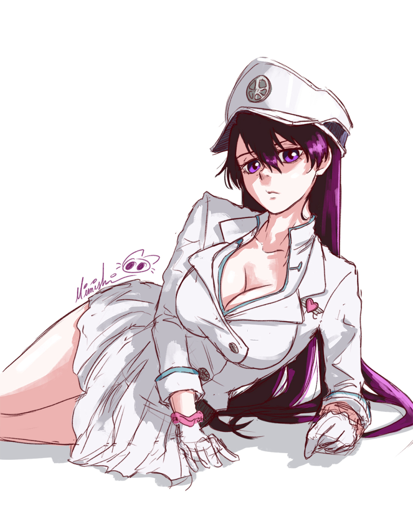 1girl a_mimishi artist_name bambietta_basterbine black_hair bleach bleach:_sennen_kessen-hen breasts female_focus gloves hat highres large_breasts looking_at_viewer lying military_hat on_side purple_eyes purple_hair quincy_(bleach) simple_background skirt sternritter thighs white_background white_gloves