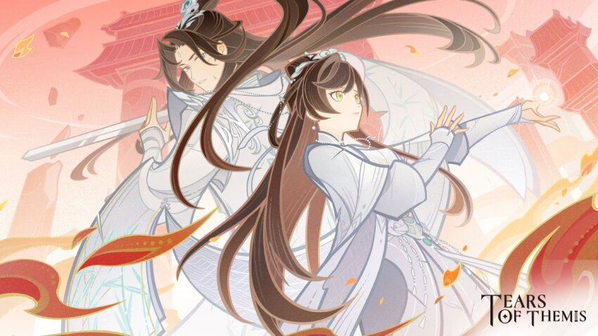 1boy 1girl artem_wing_(tears_of_themis) blue_eyes brown_eyes brown_hair closed_mouth copyright_name long_hair official_art robe rosa_(tears_of_themis) sword tears_of_themis tower very_long_hair weapon white_robe
