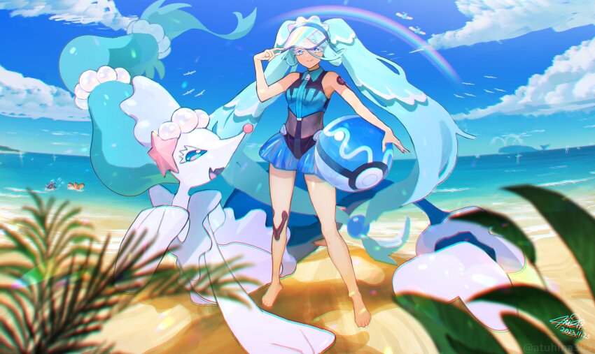 1girl absurdres atuhi beach blue_eyes blue_hair blue_sky cloud colored_eyelashes corphish dive_ball gen_1_pokemon gen_3_pokemon gen_7_pokemon hatsune_miku highres long_hair nintendo ocean poke_ball pokemon pokemon_(creature) primarina project_voltage rainbow shellder sky starfish_hair_ornament swablu swimsuit twintails very_long_hair visor_cap vocaloid wailord water_miku_(project_voltage)