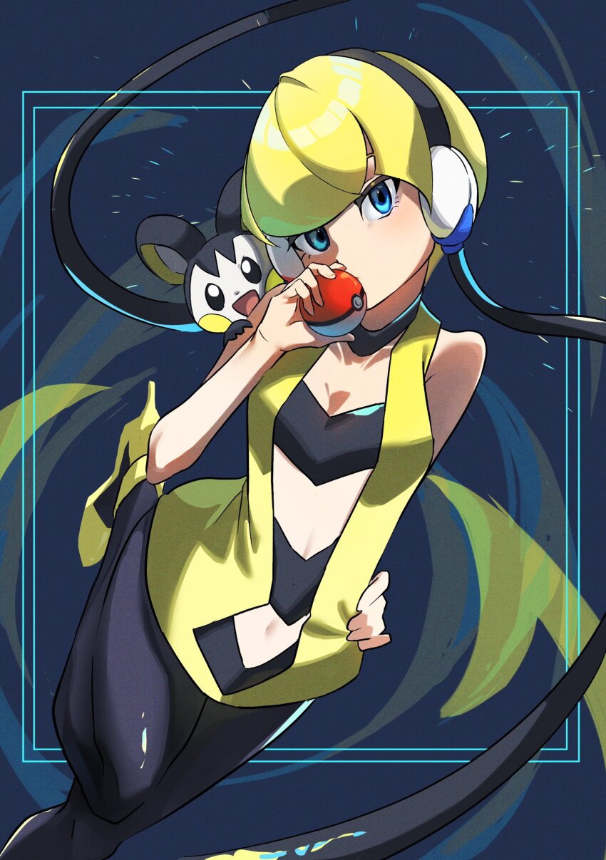 1girl animal animal_on_shoulder bare_arms black_choker black_pantyhose blonde_hair blue_eyes blunt_bangs breasts choker cleavage collarbone commentary_request dress elesa_(pokemon) emolga flying_squirrel gen_5_pokemon hand_on_own_hip hand_up headphones high_heels highres holding holding_poke_ball leg_up low_neckline midriff nintendo pantyhose poke_ball poke_ball_(basic) pokemon pokemon_(creature) pokemon_bw rias_sk1 shoes short_dress short_hair sleeveless sleeveless_dress squirrel yellow_dress yellow_shoes