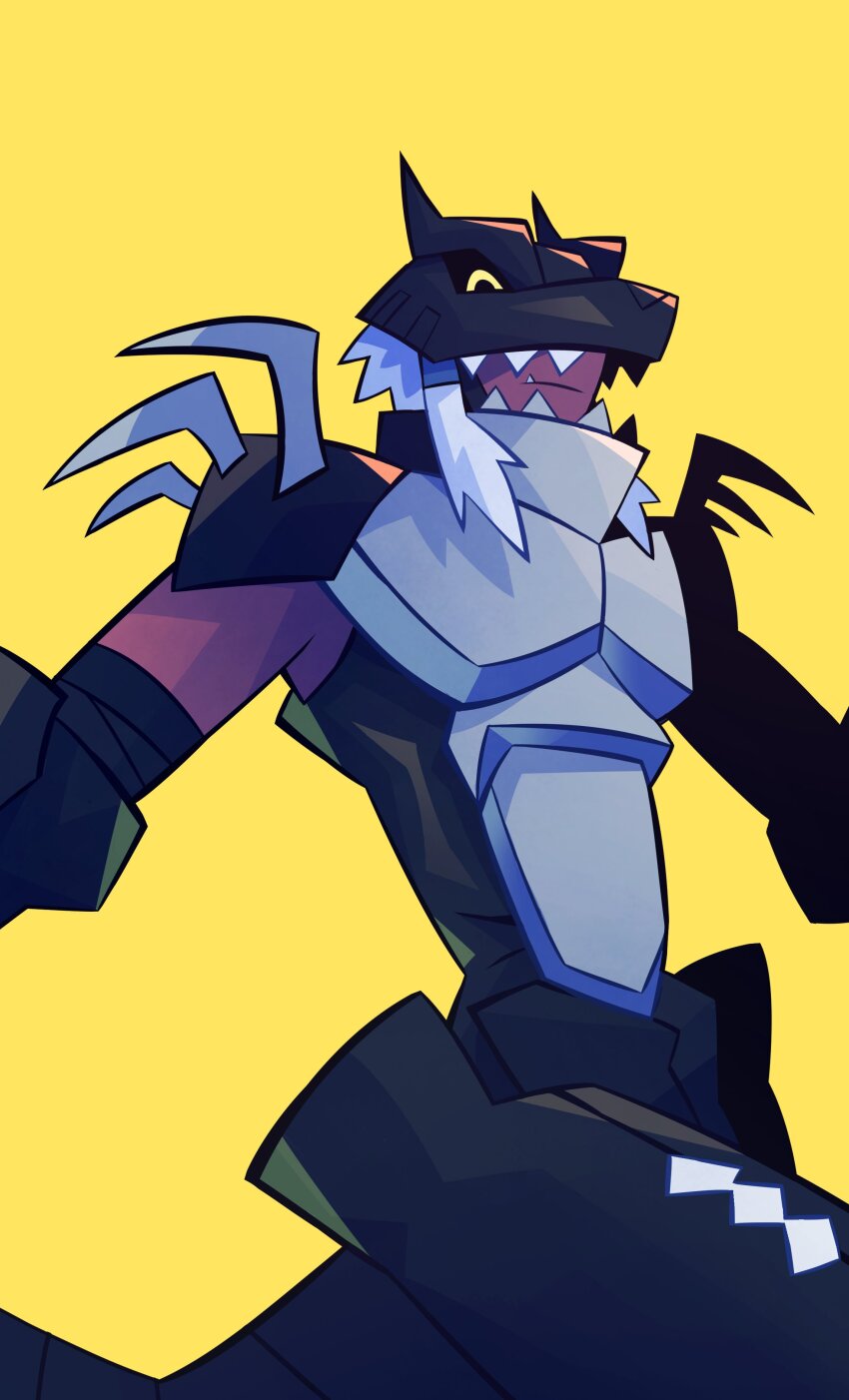 1boy absurdres cerberumon cerberumon_werewolf_mode digimon digimon_(creature) fang highres male_focus mask simple_background solo yellow_background