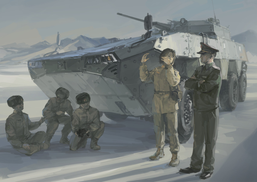 1girl 4boys arms_up bag black_footwear black_gloves black_hair black_headwear cannon chinese_commentary crossed_arms fur_hat gloves green_jacket hallelujah_zeng hat impasto jacket military military_uniform military_vehicle mountainous_horizon multiple_boys original parted_bangs peaked_cap people&#039;s_liberation_army squatting standing translated turret ushanka wheel zbl-08