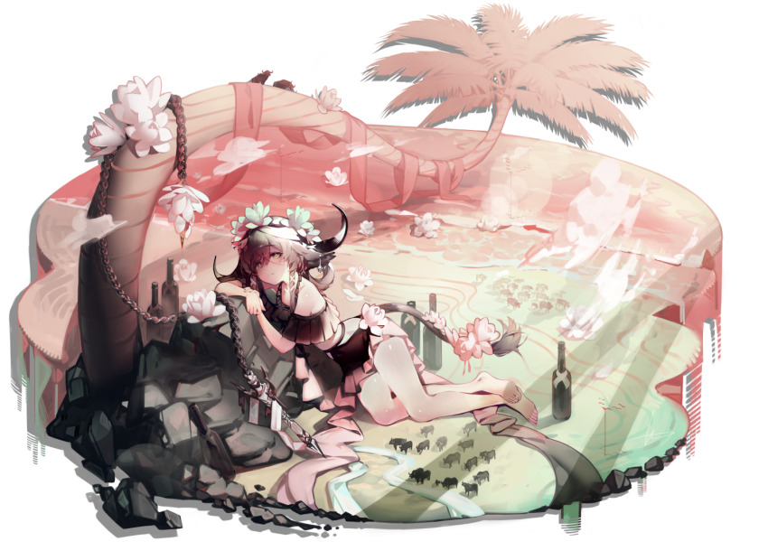 1girl alternate_costume animal_ears arknights beach bikini black_bikini bottle brown_hair cow_ears cow_girl cow_horns cow_tail flower grey_eyes hair_flower hair_ornament horns looking_at_viewer official_style pallas_(arknights) palm_tree ribiadan sand short_hair solo swimsuit tail tail_flower tail_ornament tree water white_flower