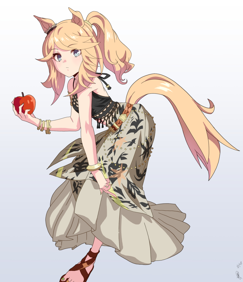 1girl animal_ears apple bare_arms bare_shoulders blonde_hair blush breasts brown_sandals commentary_request food fruit full_body gold_city_(boho_flare)_(umamusume) gold_city_(umamusume) grey_background highres holding holding_food holding_fruit horse_ears horse_girl horse_tail kuman_bachi long_hair medium_breasts official_alternate_costume official_alternate_hairstyle ponytail sandals simple_background solo standing standing_on_one_leg tail umamusume very_long_hair