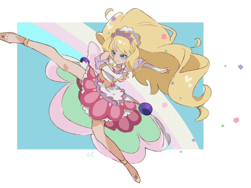 1girl anklet apron back_bow bare_legs bare_shoulders big_hair blonde_hair blue_background blue_eyes blueberry border bow bow_apron bridal_gauntlets brooch closed_mouth clothing_cutout collar cross-laced_clothes cross-laced_top cure_finale delicious_party_precure detached_collar determined eyelashes floating_clothes floating_hair food food-themed_clothes food_print frilled_footwear fruit fruit_print full_body green_bow hair_ornament hairband hat_ornament heart heart_brooch heart_hat_ornament highres jewelry kasai_amane kicking large_bow long_hair long_sleeves looking_ahead magical_girl miniskirt outside_border outstretched_leg petticoat pink_bow pink_skirt precure puffy_long_sleeves puffy_sleeves purple_brooch purple_sleeves purple_tiara rainbow ring shipu_(gassyumaron) shirt shoes shoulder_cutout signature skirt smirk solo star_(symbol) star_hair_ornament strawberry_print swept_bangs three-quarter_sleeves tiara train_(clothing) tsurime v-shaped_eyebrows very_long_hair waist_apron wavy_hair white_apron white_border white_bridal_gauntlets white_collar white_hairband white_shirt yellow_shoes