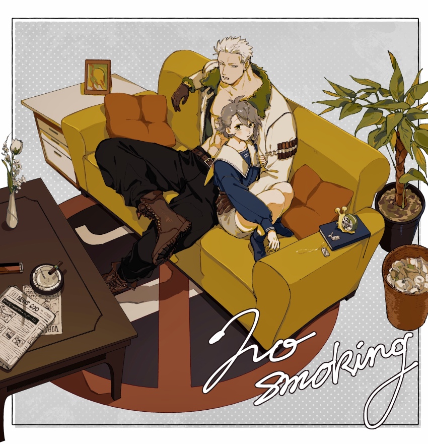 1boy 1girl abs absurdres alarm_clock antenna_hair ashtray asymmetrical_bangs belt black_pants black_socks blue_shirt blush book boots brown_belt brown_boots brown_gloves cigar clock coffee_table collarbone commentary_request couch cushion facial_hair figure_four_sitting flower fold-over_boots folded_ponytail fur-trimmed_jacket fur_trim gloves goatee_stubble grey_eyes grey_hair grey_skirt hair_between_eyes hand_around_waist highres jacket kabane_(rjev8385) lighter long_sleeves looking_at_another looking_at_viewer muscular muscular_male newspaper no_shirt no_smoking oc_x_canon on_couch one_piece open_clothes open_jacket original pants parted_lips picture_frame plant potted_plant rug sailor_collar scar scar_on_face scar_on_forehead shirt short_hair sitting skirt smoker_(one_piece) socks stubble table trash_can tree vase white_flower white_hair white_jacket white_sailor_collar wooden_table