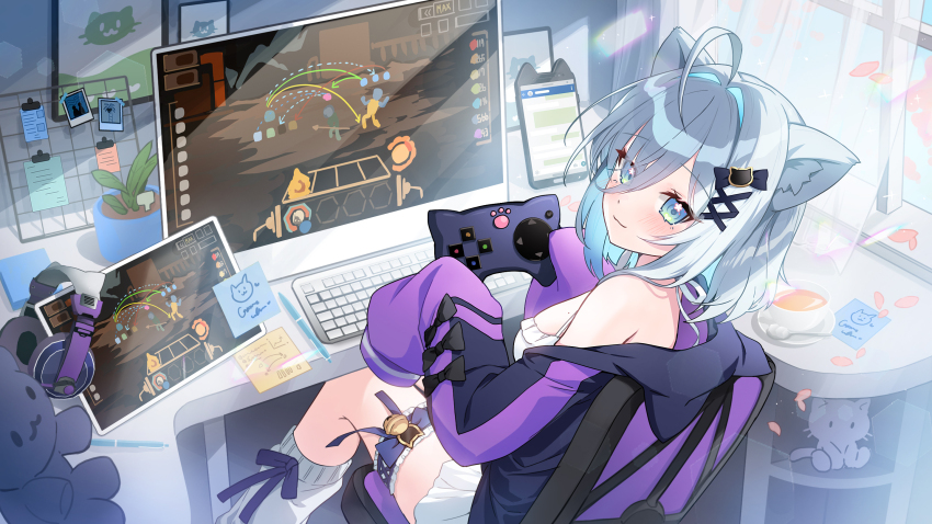 1girl ahoge animal_ear_fluff animal_ear_headphones animal_ears apple_caramel bare_shoulders black_bow black_jacket blue_eyes blue_hair blue_sky blush bow breasts cat_ears cellphone chair closed_mouth commentary_request commission computer_keyboard controller copyright_request curtains day dress fake_animal_ears game_controller hair_between_eyes hair_bow hair_intakes hair_ornament headphones headphones_removed highres holding indoors jacket long_sleeves looking_at_another looking_at_viewer loose_socks medium_breasts monitor multicolored_hair off_shoulder office_chair on_chair open_clothes open_jacket petals phone phone_with_ears pixiv_commission puffy_long_sleeves puffy_sleeves sitting sky sleeves_past_fingers sleeves_past_wrists smile socks solo stuffed_animal stuffed_toy swivel_chair teddy_bear transparent two-tone_hair virtual_youtuber white_dress white_socks window x_hair_ornament