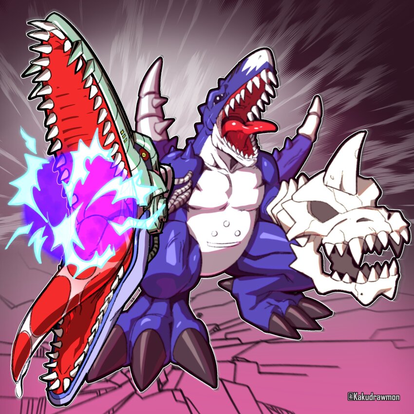 absurdres blue_scales claws deltamon digimon digimon_(creature) dragon full_body highres kakudrawmon looking_at_viewer multiple_heads no_humans open_mouth red_eyes sharp_teeth skull solo teeth