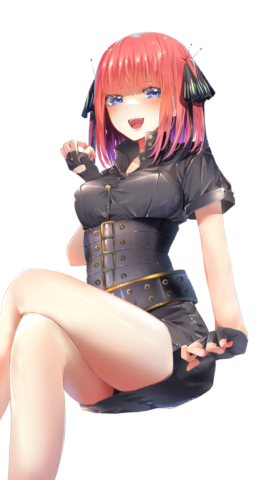 1girl :d absurdres bare_legs belt black_dress black_panties blue_eyes blunt_bangs blush breasts butterfly_hair_ornament corset crossed_legs dress feet_out_of_frame fingerless_gloves gloves go-toubun_no_hanayome hair_ornament highres invisible_chair large_breasts looking_at_viewer nakano_nino open_mouth panties pantyshot pink_hair short_dress short_hair short_sleeves simple_background sitting smile solo two_side_up underbust underwear upskirt white_background yuunamida_uyu