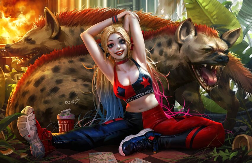 1girl arms_up asymmetrical_footwear batman_(series) black_footwear black_pants black_sports_bra blonde_hair blue_hair breasts bud_and_lou cleavage dc_comics dcwj fire harley_quinn highres hyena large_breasts long_hair looking_at_viewer mismatched_footwear multicolored_hair navel open_mouth pants plant red_footwear red_hair red_pants red_sports_bra sharp_teeth shoes sitting sneakers sports_bra stretching teeth textless_version two-tone_pants two-tone_sports_bra