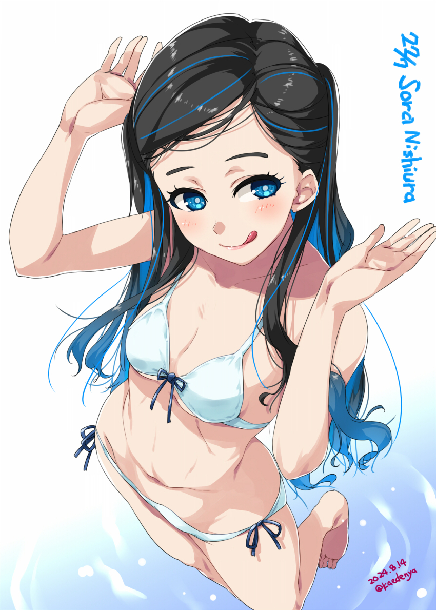 1girl 22/7 :q aqua_eyes aqua_hair artist_name bikini black_hair blush character_name collarbone dated from_above group_name halterneck highres kisairo_kaede leg_up long_hair looking_to_the_side multicolored_hair navel nishiura_sora side-tie_bikini_bottom solo string_bikini swimsuit tongue tongue_out two_side_up white_bikini