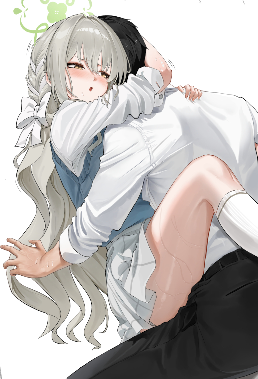1boy 1girl black_hair black_pants blue_archive blue_sweater_vest blush bow braid green_hair green_halo hair_between_eyes hair_bow halo haoma highres hug kneehighs leg_lock long_hair miyo_(blue_archive) open_mouth pants shirt short_hair sidelocks skirt sleeves_rolled_up socks sweat sweater_vest white_bow white_shirt white_skirt white_socks yellow_eyes