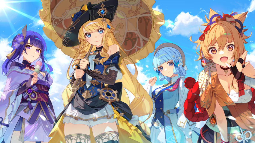 4girls absurdres ayaka_(genshin_impact) bandages black_headwear black_sash blonde_hair blue_dress blue_eyes blue_hair blue_sky blunt_bangs breasts chest_sarashi cleavage cloud commentary cowboy_shot dango day detached_sleeves dress food genshin_impact highres holding holding_food holding_umbrella japanese_clothes kamisato_ayaka kamisato_ayaka_(springbloom_missive) kimono long_hair long_sleeves looking_at_viewer medium_breasts multiple_girls navia_(genshin_impact) obi orange_kimono parted_lips purple_eyes purple_hair purple_kimono raiden_shogun red_sash sanshoku_dango sarashi sash shotgunman sky small_breasts standing umbrella upper_body very_long_hair wagashi yellow_eyes yoimiya_(genshin_impact)