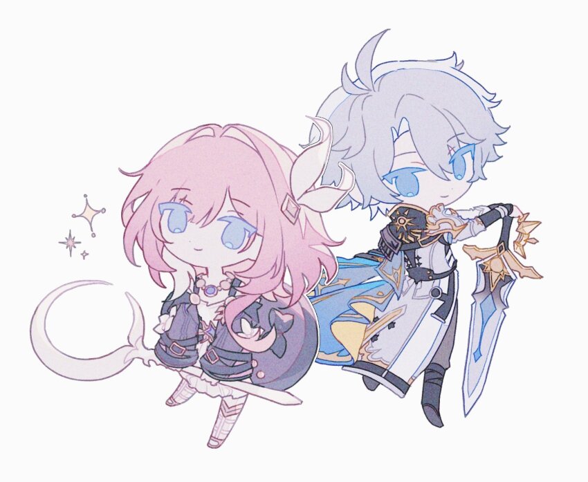 1boy 1girl blue_cape blue_eyes cape chibi coat colored_eyelashes commentary cyrene_(honkai:_star_rail) dress grey_hair hair_intakes hair_ribbon honkai:_star_rail honkai_(series) jewelry looking_at_viewer necklace phainon_(honkai:_star_rail) pink_hair purple_dress ribbon short_hair simple_background sindo_0 smile sparkle sword weapon white_background white_coat white_ribbon