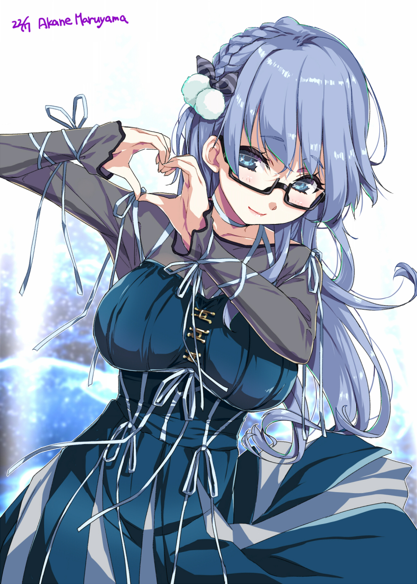 1girl 22/7 ato_de_wakaru_koto black-framed_eyewear blue_eyes blue_hair braid character_name closed_mouth collarbone dress glasses hair_ornament hair_ribbon heart heart_hands highres kisairo_kaede light_blue_hair long_sleeves looking_at_viewer maruyama_akane rectangular_eyewear ribbon see-through_clothes see-through_sleeves semi-rimless_eyewear single_braid smile solo under-rim_eyewear