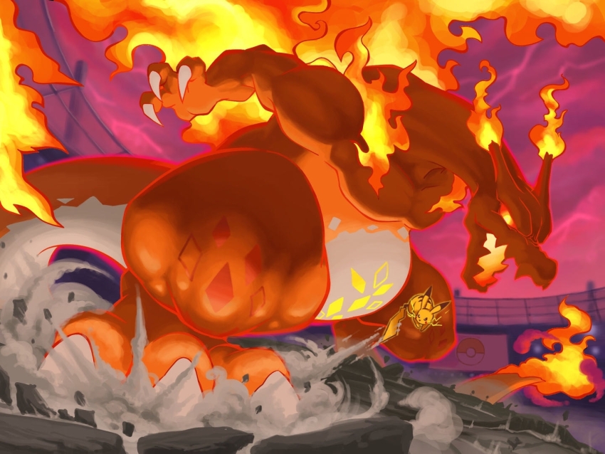 charizard claws cloud cloudy_sky commentary_request crack cracked_floor fire gen_1_pokemon gigantamax gigantamax_charizard monitor mujiao nintendo no_humans open_mouth pikachu pokemon pokemon_(creature) rock sky smoke stadium