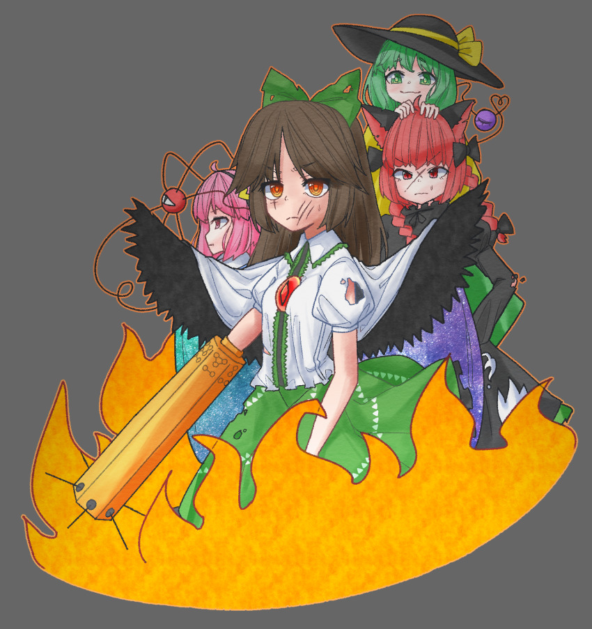 animal_ears arm_cannon bird_wings black_bow black_dress black_hairband black_headwear black_wings bow braid breasts brown_hair cape cat_ears center_frills closed_mouth collared_shirt commentary_request control_rod_(touhou) cowboy_shot dress eyeball fire frilled_shirt_collar frilled_skirt frills green_bow green_eyes green_hair green_skirt grey_background hair_bow hairband hat hat_bow heart heart_of_string highres juliet_sleeves kaenbyou_rin komeiji_koishi komeiji_satori long_hair long_sleeves looking_afar looking_at_viewer looking_to_the_side medium_breasts medium_hair orange_eyes orange_outline outline pink_eyes pink_hair puffy_short_sleeves puffy_sleeves red_eyes red_hair reiuji_utsuho scar scar_on_face scar_on_nose scratches serious shirt short_hair short_sleeves simple_background skirt smile starry_sky_print third_eye torn_clothes torn_shirt torn_sleeves touhou twin_braids weapon white_cape white_shirt wings wrevhy yellow_bow yellow_shirt