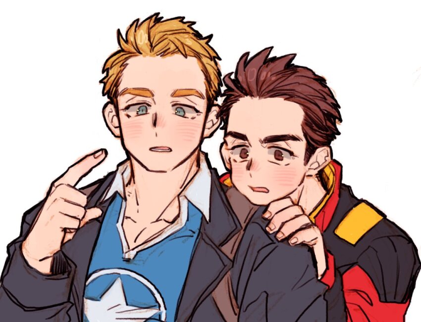 2boys animification avengers_(series) avengers_academy black_jacket blonde_hair blue_eyes blue_shirt blush brown_eyes brown_hair collarbone collared_shirt commentary_request dishing fingernails hand_on_another&#039;s_shoulder hand_up index_finger_raised jacket korean_commentary lapels long_sleeves looking_at_viewer male_focus marvel multicolored_jacket multiple_boys open_clothes open_jacket open_mouth red_jacket shirt short_hair simple_background standing star_(symbol) star_print steve_rogers teeth tony_stark two-sided_fabric two-sided_jacket two-tone_jacket upper_body white_background yellow_jacket