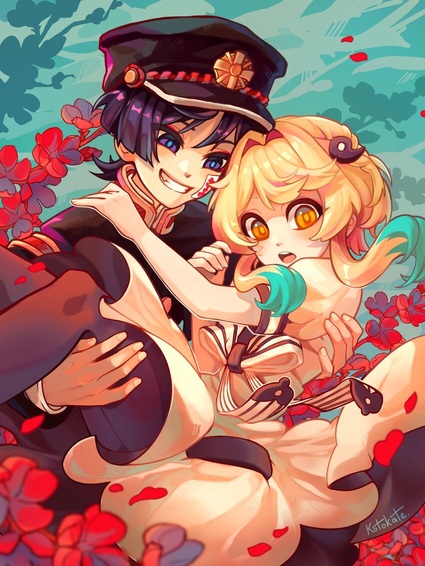 1boy 1girl absurdres alternate_hair_color aqua_pupils artist_name black_pantyhose black_trim blonde_hair blunt_ends bow carrying cosplay curled_fingers emblem eyeliner eyeshadow falling_petals fang fingernails flower gakuran gakuseibou genshin_impact gold grin hair_between_eyes hair_intakes hair_ornament hanako_(jibaku_shounen_hanako-kun) hanako_(jibaku_shounen_hanako-kun)_(cosplay) hand_on_another&#039;s_back hand_on_another&#039;s_shoulder hat hetero highres jibaku_shounen_hanako-kun juliet_sleeves kamome_gakuen_school_uniform kotokate long_sleeves looking_at_another looking_down lumine_(genshin_impact) magatama magatama_hair_ornament makeup multicolored_hair ofuda open_mouth pantyhose petals plant princess_carry puffy_sleeves purple_eyes purple_hair red_eyeliner red_eyeshadow red_flower scaramouche_(genshin_impact) school_uniform short_hair short_hair_with_long_locks sidelocks skirt smile streaked_hair teeth tongue upper_teeth_only white_bow white_skirt white_sleeves white_trim yashiro_nene yashiro_nene_(cosplay) yellow_eyes