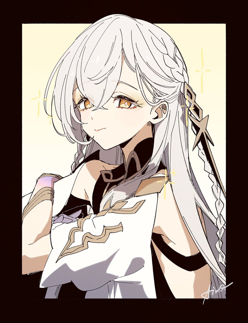 1girl absurdres aiwo_o_lite bare_shoulders black_border border braid bright_pupils closed_mouth colored_extremities crossed_arms genshin_impact gold hair_between_eyes hair_ornament highres istaroth_(genshin_impact) jewelry long_hair looking_at_viewer purple_hands side_braid solo star_(symbol) upper_body very_long_hair white_hair white_pupils yellow_background yellow_eyes