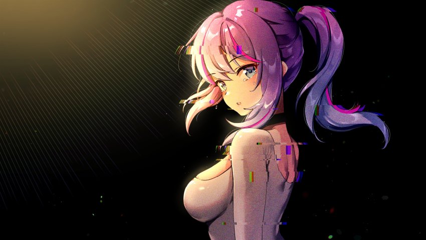 1girl absurdres bad_id bad_twitter_id black_background blue_background blue_eyes breasts choker foxyreine glitch hair_between_eyes highres indie_virtual_youtuber looking_at_viewer medium_breasts melody_(projektmelody) open_mouth purple_hair sidelocks skin_tight solo tears virtual_youtuber vshojo