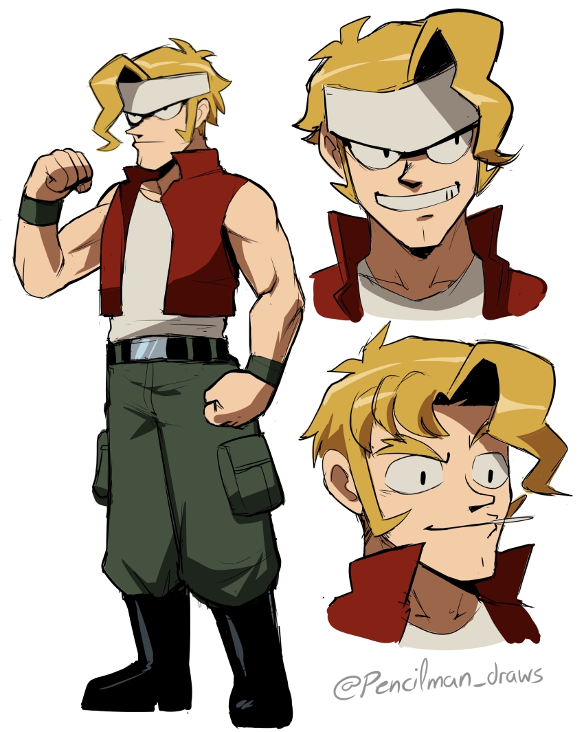 1boy absurdres black_boots blonde_hair boots cargo_pants commentary green_pants grin headband highres male_focus marco_rossi metal_slug muscular muscular_male pants pencilman_draws raised_eyebrow red_vest smile vest white_headband wristband