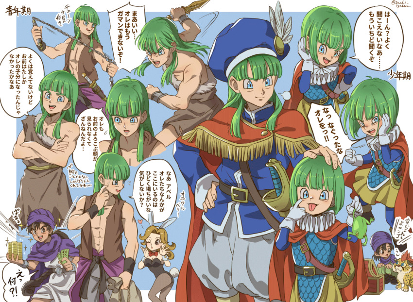1girl 1other 2boys abs aged_down banknote black_hair blue_eyes blue_hat blunt_bangs blunt_ends bob_cut borongo breasts brown_eyes brown_tunic brown_vest cape chain cleavage coin collarbone commentary_request crossed_arms dragon_quest dragon_quest_v eyelid_pull fringe_trim gloves great_sabrecub green_hair grey_shorts hand_on_another&#039;s_head hand_on_another&#039;s_shoulder hat heart henry_(dq5) hero_(dq5) holding holding_animal holding_frog holding_knife holding_money holding_whip janis_(hainegom) knife leotard licking_lips long_hair low_ponytail male_focus money multiple_boys multiple_persona multiple_views muscular muscular_male one-shoulder_tunic one_eye_closed open_mouth playboy_bunny ponytail puffy_shorts purple_cape purple_turban red_cape scene_reference sheath sheathed short_hair shorts solo_focus speech_bubble sword tongue tongue_out translation_request treasure_chest tunic turban vest weapon white_gloves white_tunic