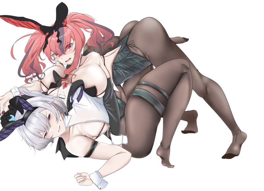 2girls alternate_costume animal_ears ass azur_lane bare_shoulders black_leotard breasts bremerton_(azur_lane) brown_pantyhose detached_sleeves fake_animal_ears hair_between_eyes highres huge_breasts leotard long_hair looking_at_viewer multicolored_hair multiple_girls official_alternate_costume pantyhose pink_hair purple_eyes rabbit_ears reno_(azur_lane) reno_(reno_bunnino)_(azur_lane) short_hair solo streaked_hair twintails two-tone_hair vintorez939 wrist_cuffs