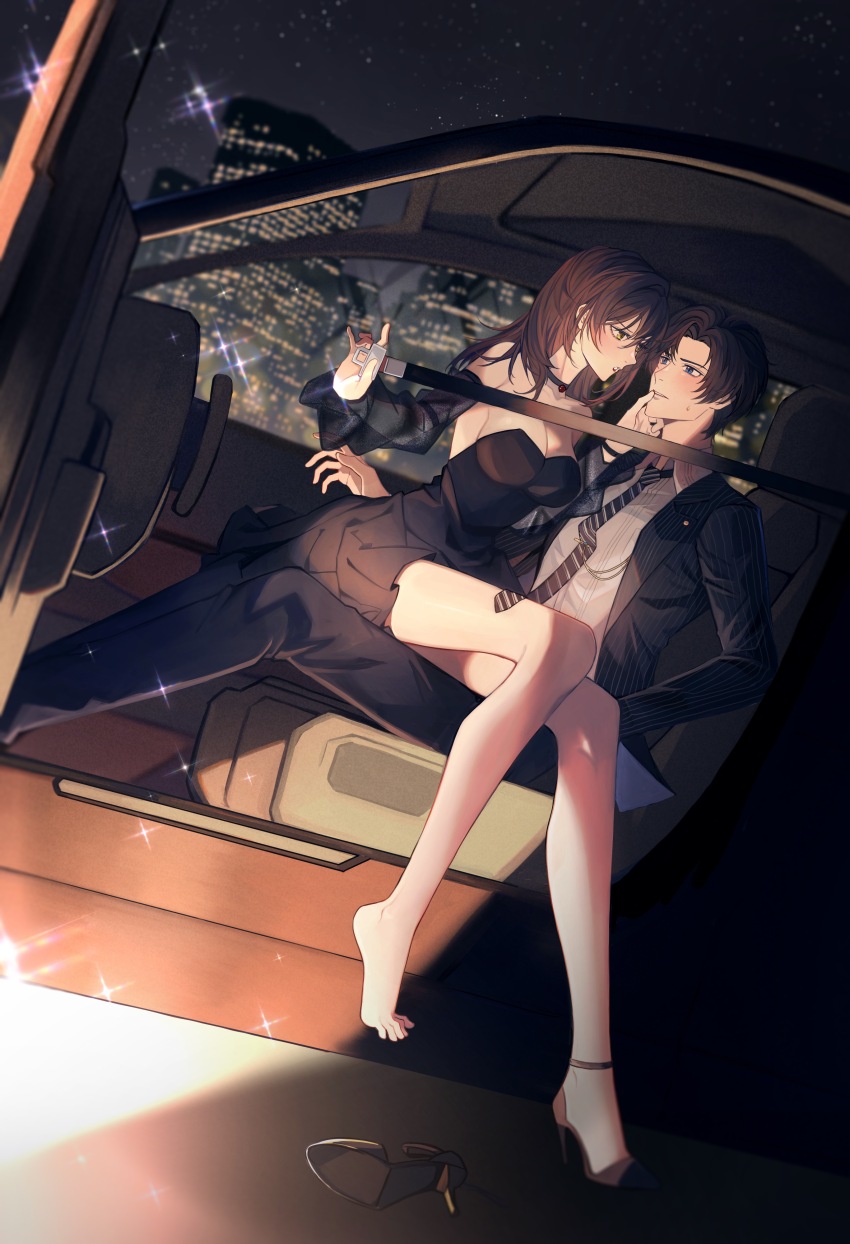 1boy 1girl absurdres ankle_strap artem_wing_(tears_of_themis) assertive_female bare_legs bare_shoulders black_choker black_dress black_hair black_jacket black_necktie black_pants black_shoes black_suit blue_eyes blush breasts brown_hair building car_interior car_seat chinese_commentary choker cleavage cocktail_dress collared_shirt couple curtained_hair detached_sleeves diagonal-striped_clothes diagonal-striped_necktie dress dutch_angle eye_contact feet_out_of_frame formal_clothes from_outside full_body green_eyes hair_between_eyes hand_on_another&#039;s_chin hetero high_heels highres jacket kocona large_breasts lipstick long_hair long_sleeves looking_at_another makeup necktie night open_clothes open_door open_jacket pants parted_lips profile pulling red_lips right_shoe_removed rosa_(tears_of_themis) seatbelt shirt shoes short_dress short_hair single_bare_foot single_shoe sitting sitting_on_lap sitting_on_person sky skyscraper star_(sky) starry_sky strapless strapless_dress striped_clothes suit suit_jacket sweatdrop tears_of_themis tie_clip unworn_shoe white_shirt