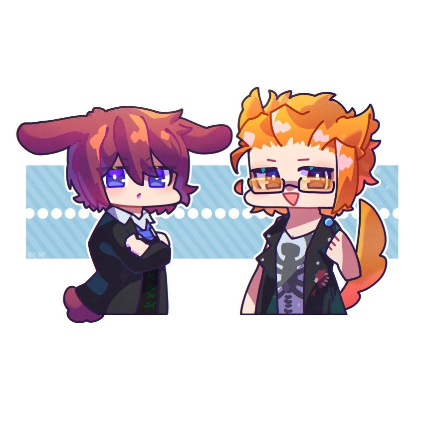 1boy 1girl animal_ears black_suit blue_eyes blue_neckwear brown_eyes candy collared_shirt dog_ears dog_tail eyebrows food formal_clothes glasses highres hiyo_qre holding holding_candy holding_food holding_lollipop kariya_koki lipstick lollipop makeup necktie open_mouth orange_hair pink_hair rectangular_eyewear shin_subarashiki_kono_sekai shirt short_hair smile subarashiki_kono_sekai suit tail white_shirt yashiro_uzuki