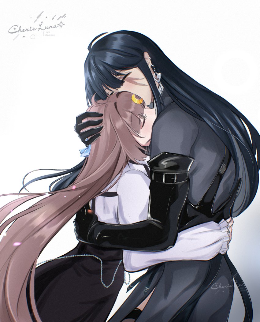2girls artist_name black_coat black_gloves black_hair black_skirt brown_hair cherie_luna chief_(path_to_nowhere) closed_eyes coat commentary crescent crescent_hair_ornament earrings elbow_gloves english_commentary female_chief_(path_to_nowhere) gloves gradient_background grey_background hair_ornament hand_on_another&#039;s_waist highres hug jewelry long_hair long_sleeves multiple_girls original path_to_nowhere purple_shirt rahu_(path_to_nowhere) scar scar_across_eye scar_on_face shirt skirt white_background yuri