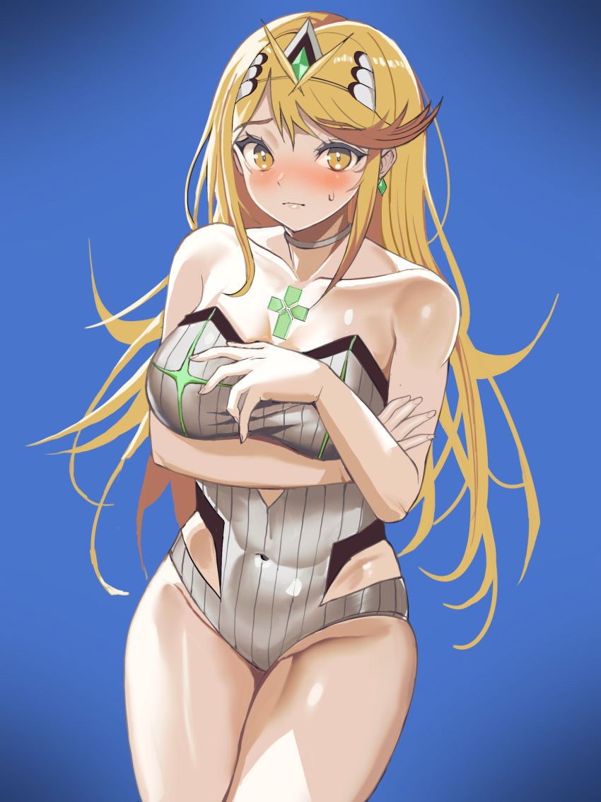 1girl absurdres arm_under_breasts bare_shoulders belt blonde_hair blue_background blush breasts chest_jewel cleavage collarbone commentary core_crystal_(xenoblade) covered_navel covering_one_breast covering_privates cowboy_shot earrings flipped_bangs green_belt highres hip_vent jewelry large_breasts long_hair mythra_(radiant_beach)_(xenoblade) mythra_(xenoblade) one-piece_swimsuit rokuba solo standing strapless strapless_one-piece_swimsuit swept_bangs swimsuit tiara white_one-piece_swimsuit xenoblade_chronicles_(series) xenoblade_chronicles_2 yellow_eyes