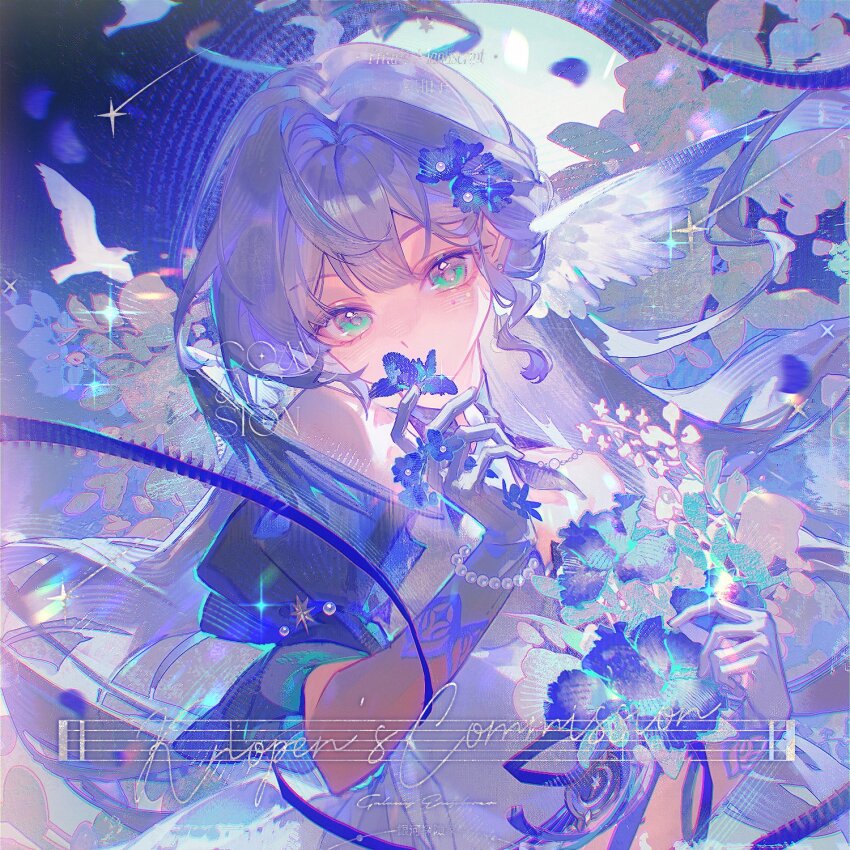 1girl bare_shoulders blue_hair bracelet commentary commission detached_sleeves dress earrings english_commentary english_text face_jewel gloves hair_ornament halo head_wings highres holding honkai:_star_rail honkai_(series) jewel_under_eye jewelry long_hair looking_at_viewer niukou_kouzi robin_(honkai:_star_rail) short_sleeves upper_body white_dress white_gloves wings