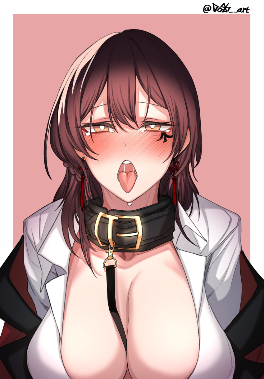 1girl absurdres bdsm black_collar blush border braid breasts brown_eyes brown_hair cleavage coat collar collarbone commission dogs_(dlrkdejr26) earrings facial_mark female_commander_(girls&#039;_frontline) girls&#039;_frontline griffin_&amp;_kryuger_military_uniform highres jewelry korean_commentary large_breasts leash long_hair looking_at_viewer open_clothes open_coat open_mouth open_shirt red_coat saliva shirt simple_background slave solo tears teeth throat tongue tongue_out twitter_username upper_body upper_teeth_only white_border white_shirt