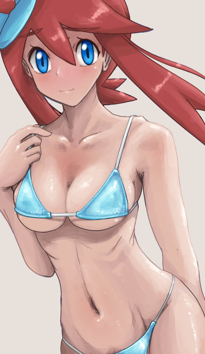 1girl alternate_costume bikini blue_bikini blue_eyes breasts closed_mouth collarbone commentary_request eyelashes female_pubic_hair hair_between_eyes hair_ornament haloh hand_up highres navel nintendo one_side_up pokemon pokemon_bw pubic_hair pubic_hair_peek red_hair ribs sidelocks skyla_(pokemon) solo swimsuit tan