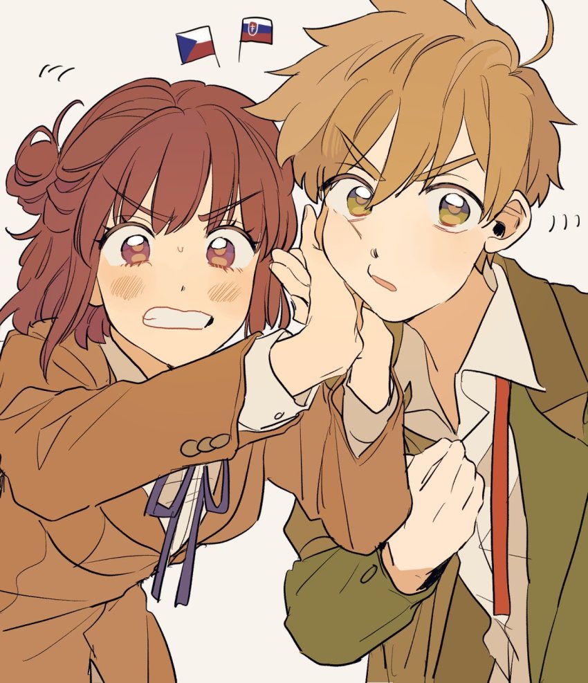 1boy 1girl ahoge axis_powers_hetalia blue_bow blue_ribbon bow breasts brown_hair brown_suit cheek_bulge clenched_teeth czech_flag czech_republic_(hetalia) eyelashes formal_clothes green_eyes half_updo highres looking_at_viewer medium_breasts necktie ninonuko purple_eyes pushing_away pushing_face red_necktie ribbon slovak_flag slovakia_(hetalia) suit teeth