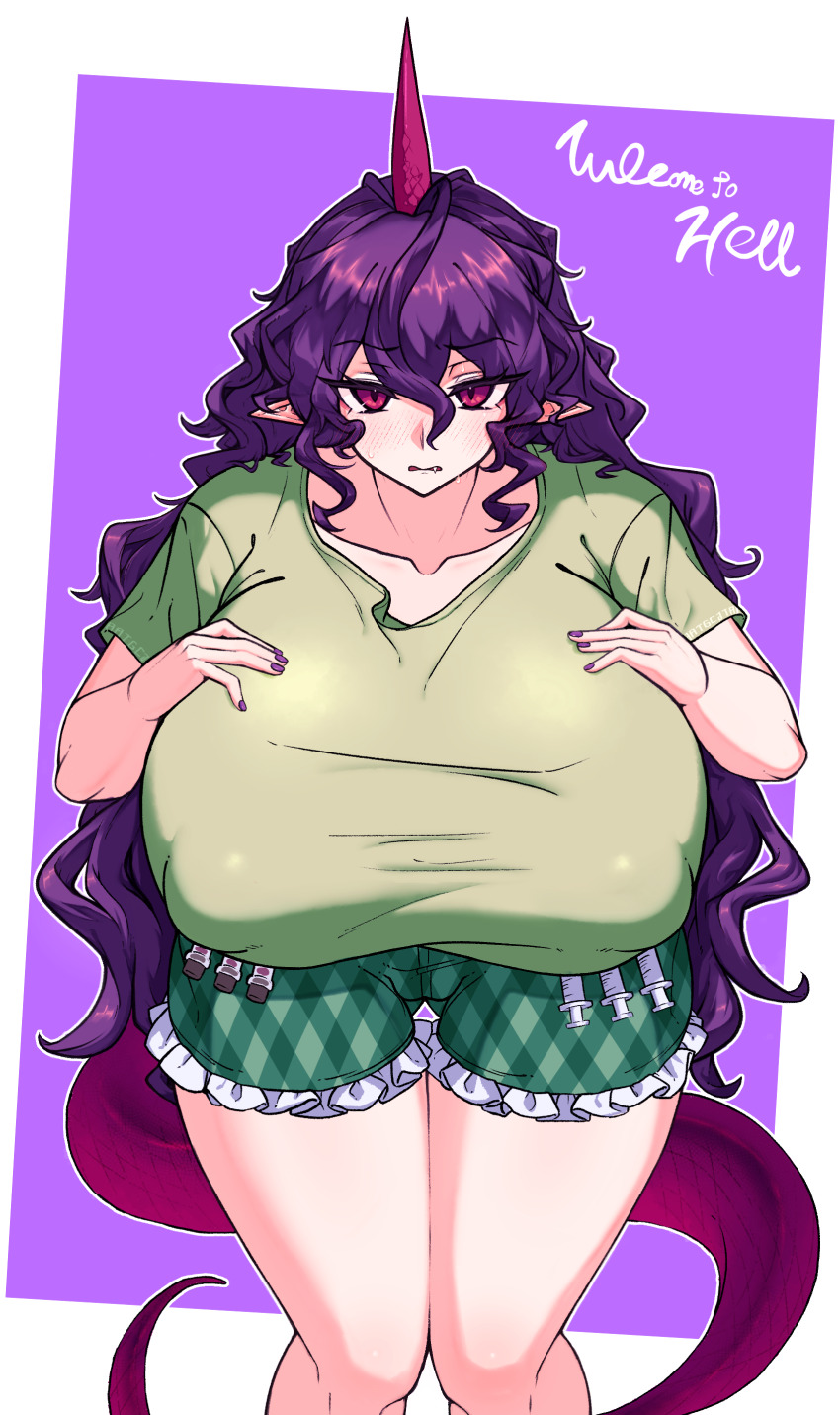 1girl absurdres blush breasts collarbone commentary_request covered_erect_nipples cowboy_shot double-parted_bangs fang fingernails frilled_shorts frills green_shirt green_shorts hands_on_own_chest highres horns huge_breasts lizard_tail long_hair looking_at_viewer outline parted_lips pigeon-toed pointy_ears purple_eyes purple_hair purple_nails shirt shorts sidelocks single_horn solo standing sweatdrop t-shirt tail taut_clothes taut_shirt tenkajin_chiyari thigh_gap touhou tsurime two-tone_background very_long_hair wavy_hair white_outline