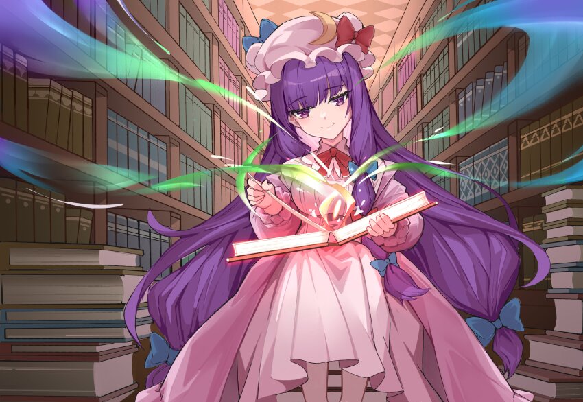 1girl absurdres book crescent crescent_hair_ornament crescent_hat_ornament crescent_pin devilkillerx dress hair_ornament hat hat_ornament highres library long_hair mob_cap patchouli_knowledge purple_eyes purple_hair solo striped_clothes striped_dress touhou vertical-striped_clothes vertical-striped_dress
