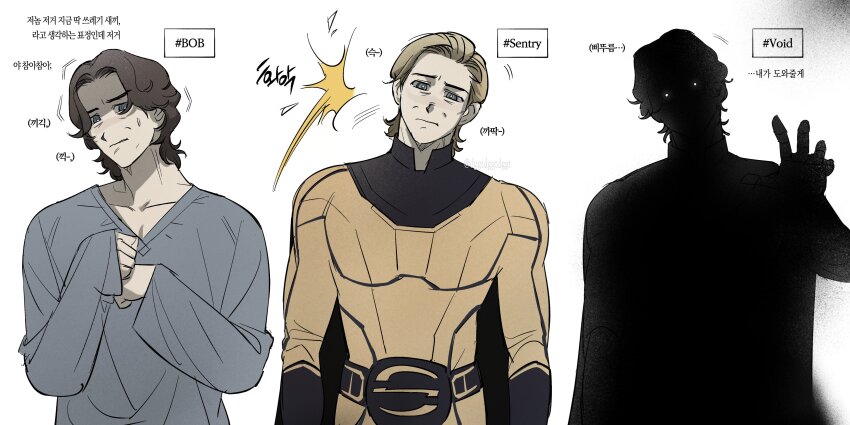 3boys absurdres animification belt black_belt black_cape blonde_hair bodysuit brown_eyes brown_hair cape character_name closed_mouth collarbone grey_eyes grey_shirt hand_up hands_on_own_chest hands_up highres korean_text long_sleeves looking_at_viewer male_focus marvel marvel_cinematic_universe multiple_boys multiple_persona muscular muscular_male ringed_eyes sentry_(marvel) shirt short_hair simple_background standing superhero_costume sweatdrop thunderbolts_(movie) translation_request trembling white_background yellinoutdggt yellow_bodysuit