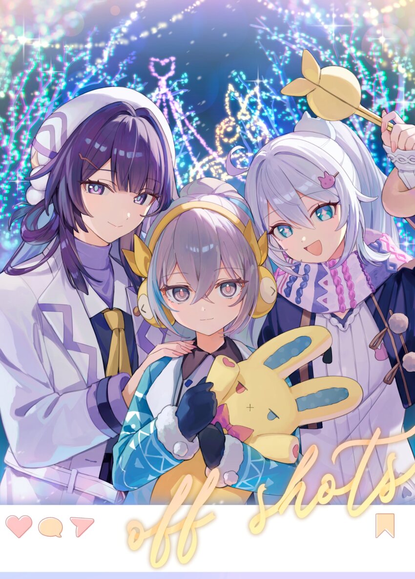 3girls ahoge alternate_costume blue_eyes blue_sweater bronya_zaychik bronya_zaychik_(herrscher_of_truth) closed_mouth commentary_request dress grey_eyes grey_hair hair_ornament hairpin hand_on_another&#039;s_shoulder headphones highres holding holding_stuffed_toy homu_(honkai_impact) honkai_(series) honkai_impact_3rd kiana_kaslana kiana_kaslana_(herrscher_of_finality) long_hair multiple_girls necktie open_mouth purple_eyes purple_hair raiden_mei raiden_mei_(herrscher_of_origin) roena scarf smile star-shaped_pupils star_(symbol) stuffed_animal stuffed_toy sweater symbol-shaped_pupils turtleneck turtleneck_sweater vest white_dress white_hair white_vest winter_gloves yellow_necktie