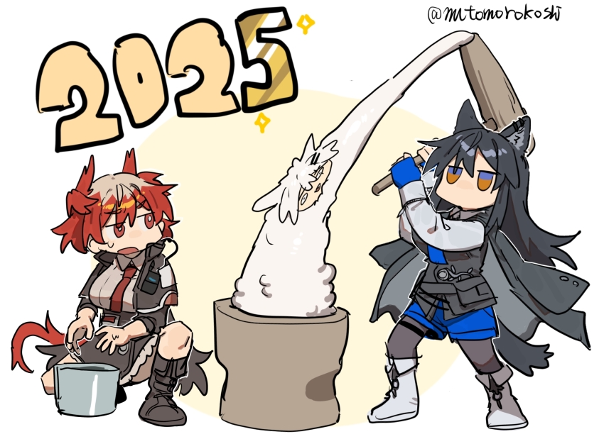 2025 3girls animal_ears arknights black_boots black_capelet black_hair black_jacket black_skirt black_vest blue_shorts boots breasts brown_shirt bucket capelet chibi collared_shirt fiammetta_(arknights) food foodification full_body furrowed_brow head_wings high-waist_skirt highres holding holding_mallet jacket jacket_on_shoulders jitome knee_boots lappland_(arknights) large_breasts long_hair long_sleeves looking_at_another mallet mochi mochitsuki multiple_girls mutomorokoshi new_year no_mouth on_one_knee orange_eyes pantyhose pantyhose_under_shorts red_eyes red_hair shirt short_hair shorts simple_background skirt sparkle standing tail texas_(arknights) texas_the_omertosa_(arknights) twitter_username two-tone_background vest washing_hands white_background white_boots white_shirt wings wolf_ears wolf_girl wolf_tail yellow_background